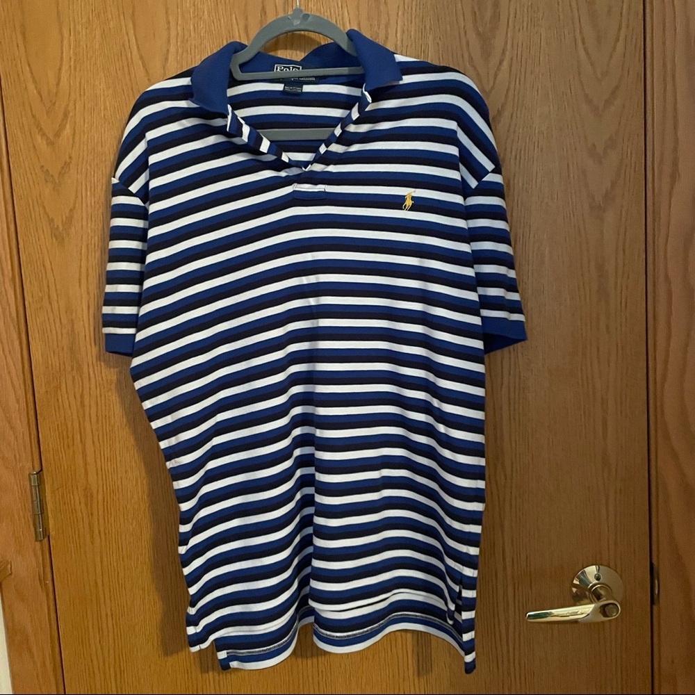 Men’s Striped Blue & White Ralph Lauren Polo, Size: Medium